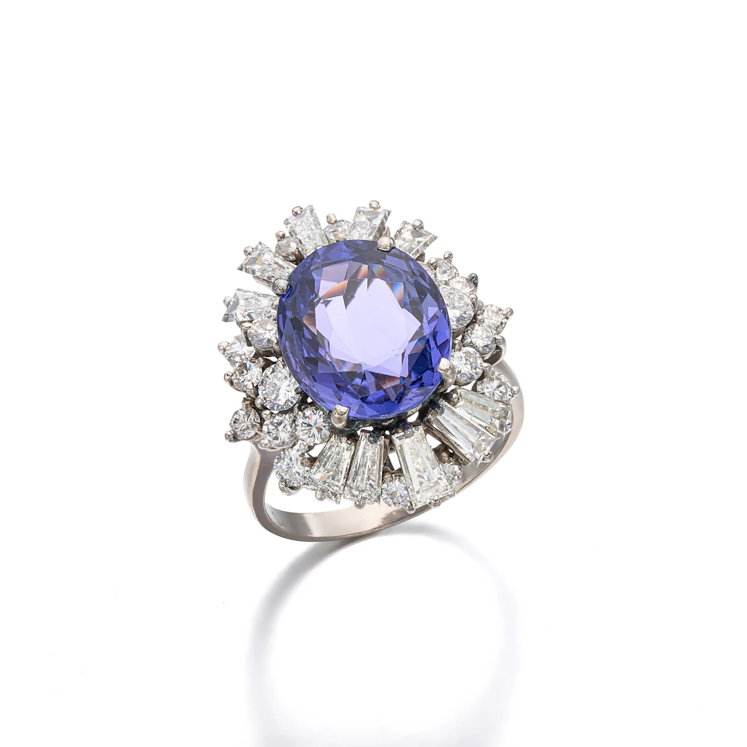 A Purple Sapphire, Diamond and White Gold Ring