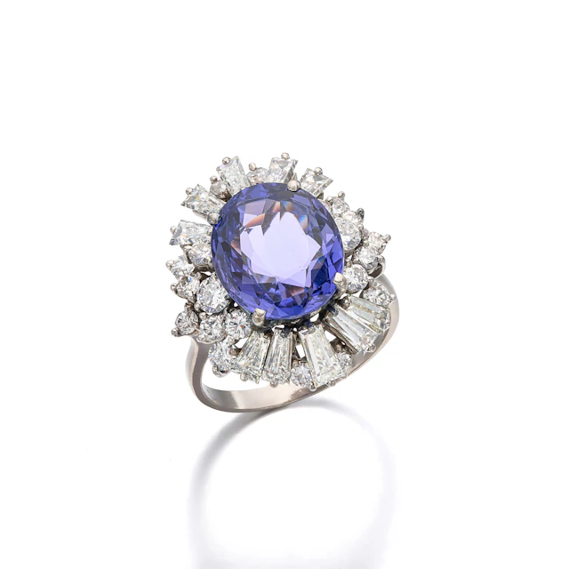 A Purple Sapphire, Diamond and White Gold Ring