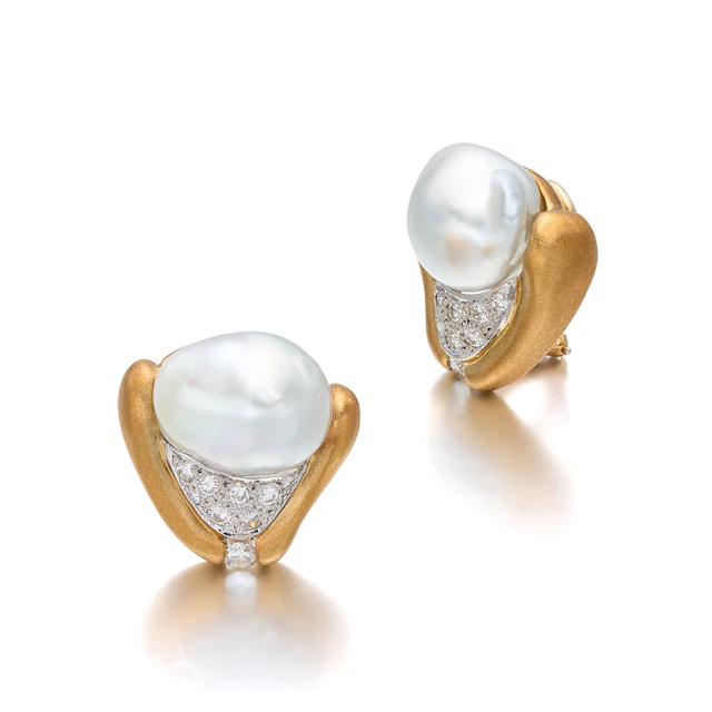 A Pair of South Sea Cultured Pearl, Diamond and Gold Ear Clips, Beni Sung