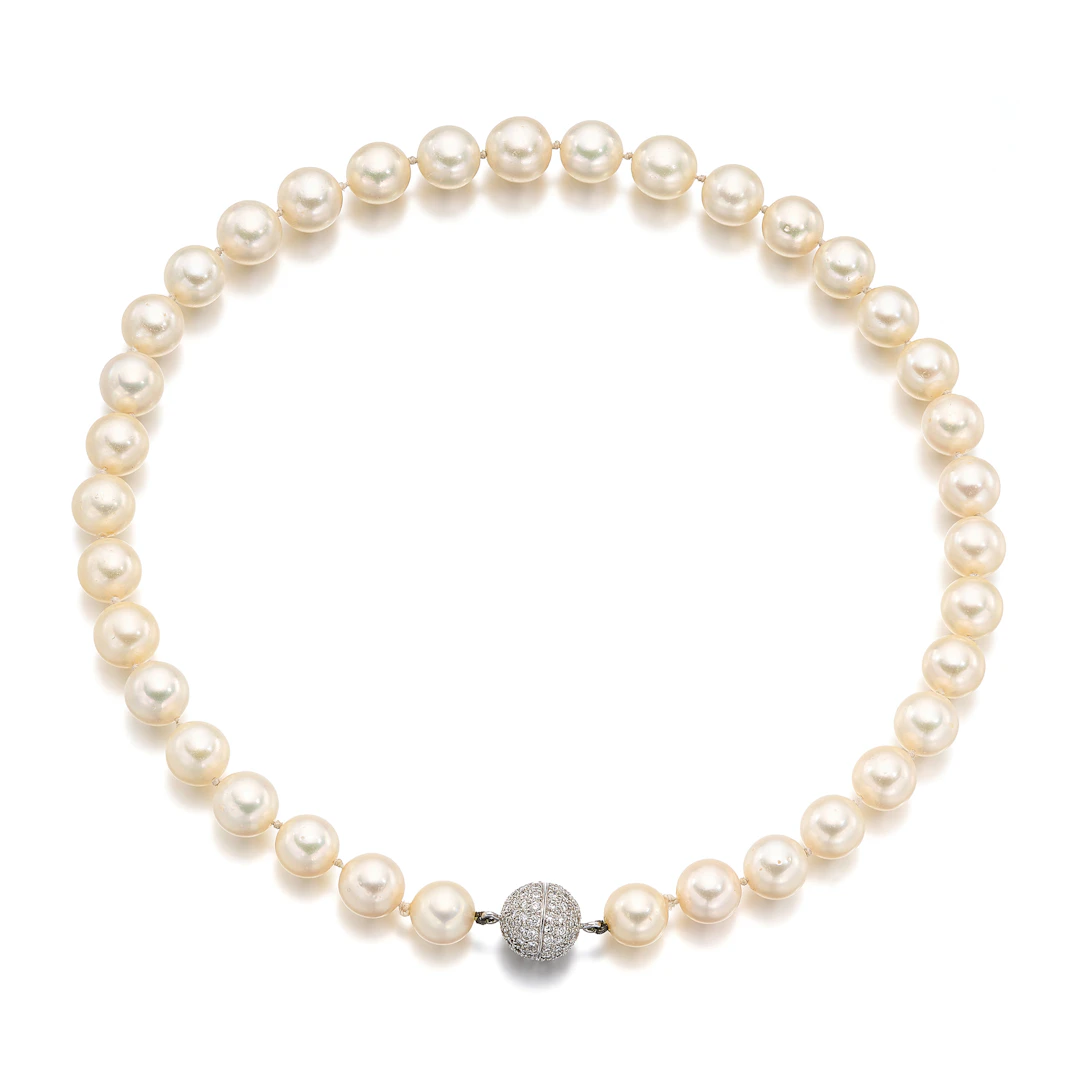 A Cultured Pearl, Diamond and White Gold Necklace