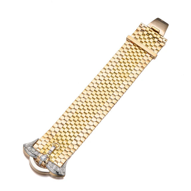 A Retro Diamond, Yellow and Rose Gold, and Platinum Bracelet, circa 1940