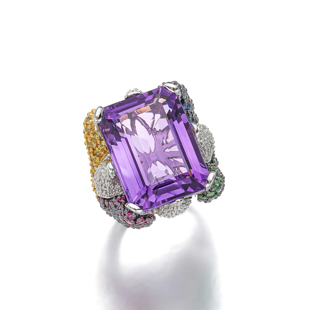 An Amethyst, Multi-Coloured Sapphire, Diamond and White Gold Ring