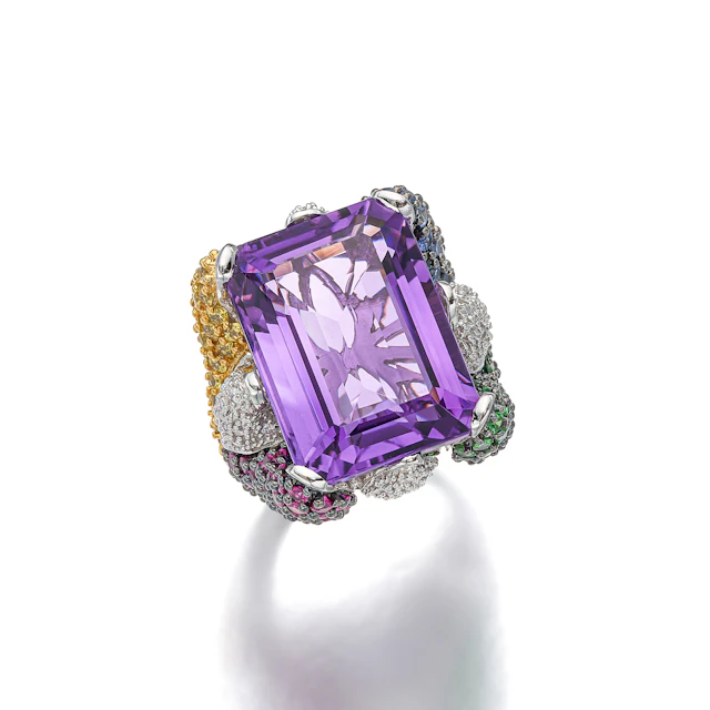 An Amethyst, Multi-Coloured Sapphire, Diamond and White Gold Ring