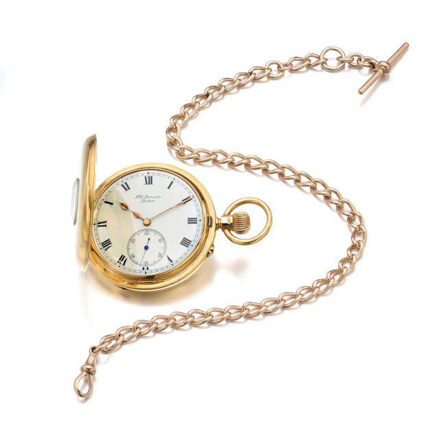 A Gold Pocket Watch, by J.W. Benson, with a Fob Chain, circa 1904