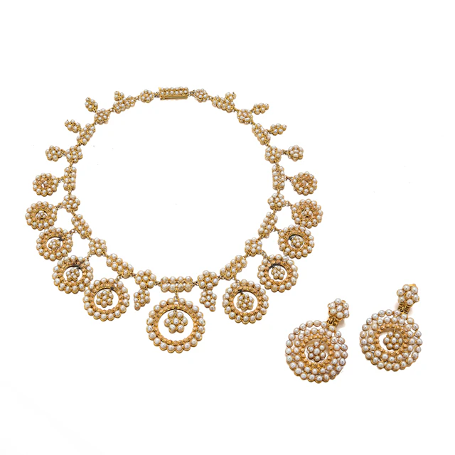 A Cultured Pearl and Gold Necklace and Earrings