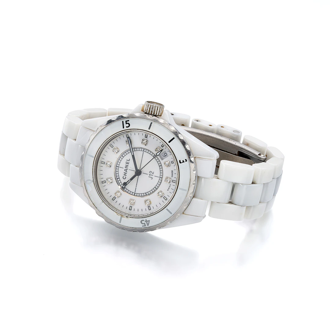 No Reserve | A Lady's Diamond and White Ceramic 'J12' Wristwatch, Chanel