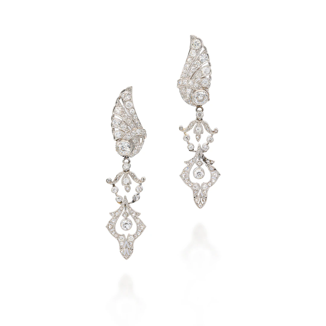 A Pair of Diamond and Platinum Ear Pendants