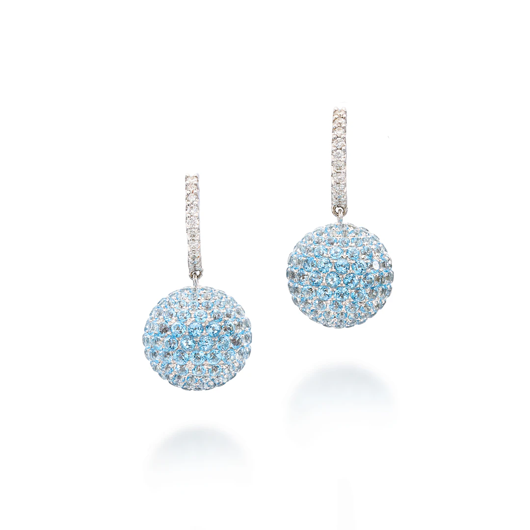 A Pair of Blue Topaz, Diamond and White Gold Ear Pendants