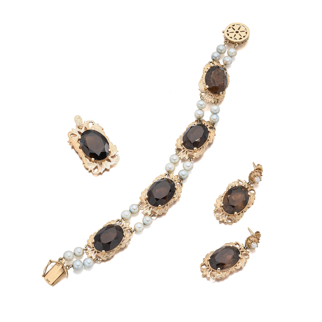 A Suite of Smoky Quartz, Cultured Pearl and Gold Jewels