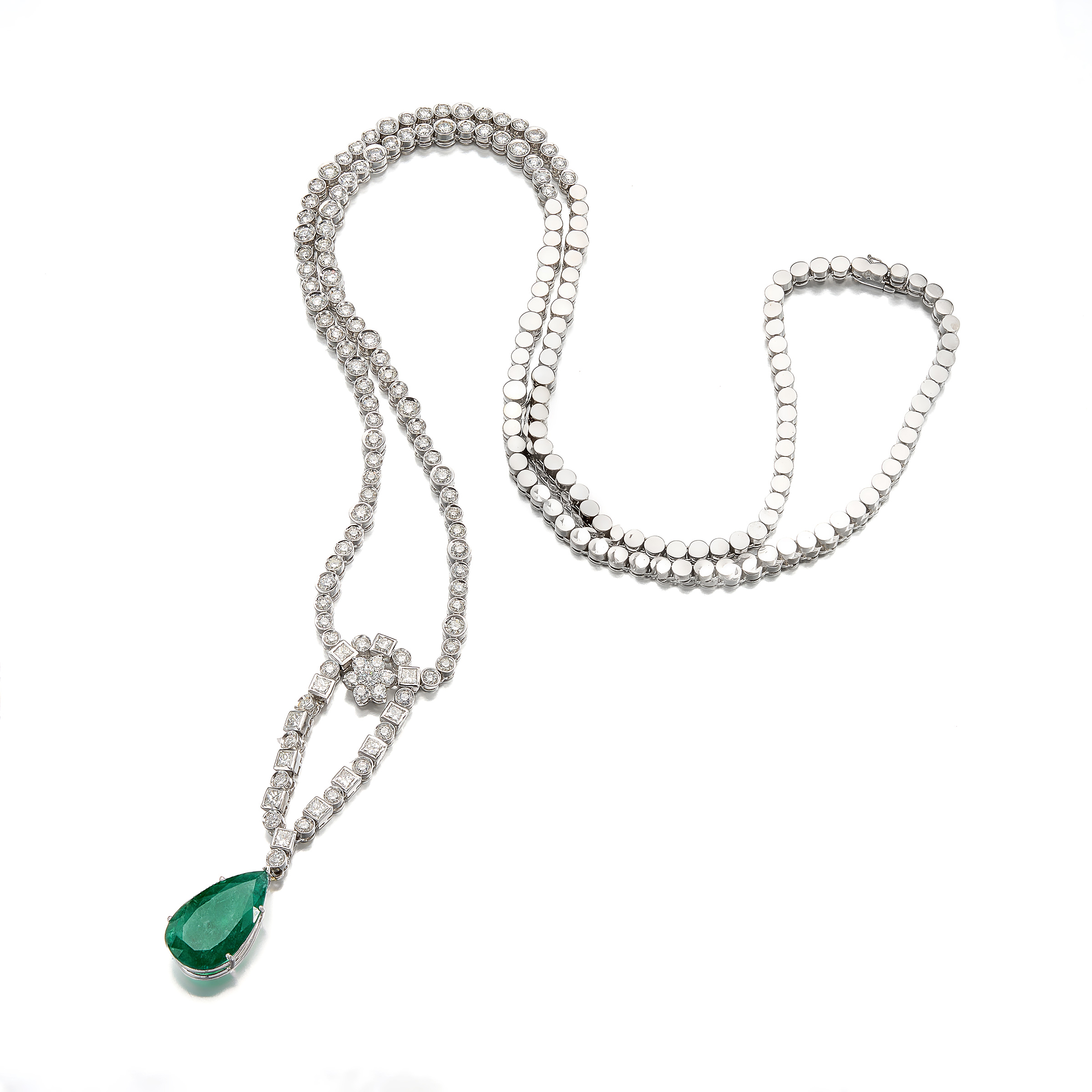 An Emerald, Diamond and White Gold Necklace