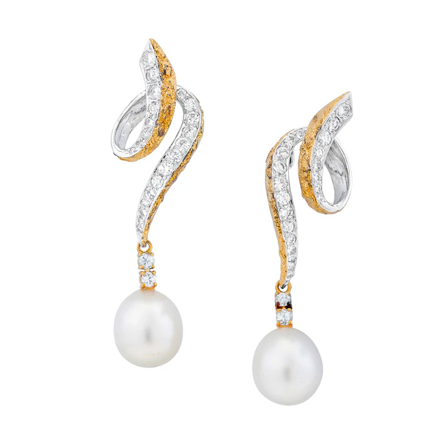 No Reserve | Cultured Pearl, Diamond and Two-Tone Gold Ear Pendants