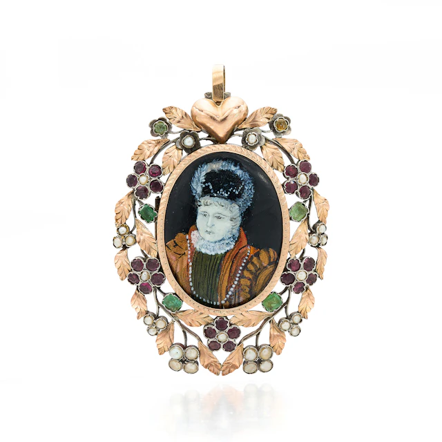 An Antique Painted Enamel Miniature, Gem-Set, Silver and Gold Memory
