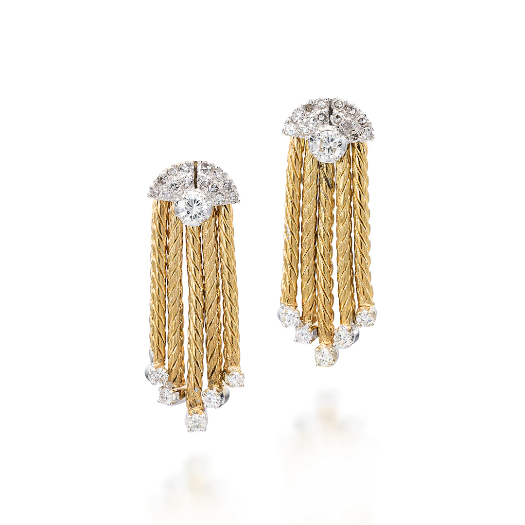 A Pair of Diamond and Two-Tone Gold Ear Pendants