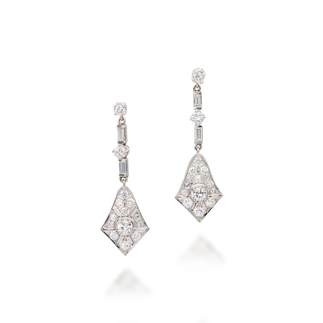 A Pair of Diamond and White Gold Ear Pendants