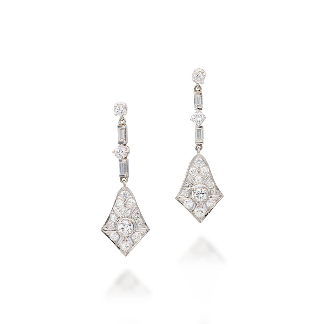 A Pair of Diamond and White Gold Ear Pendants