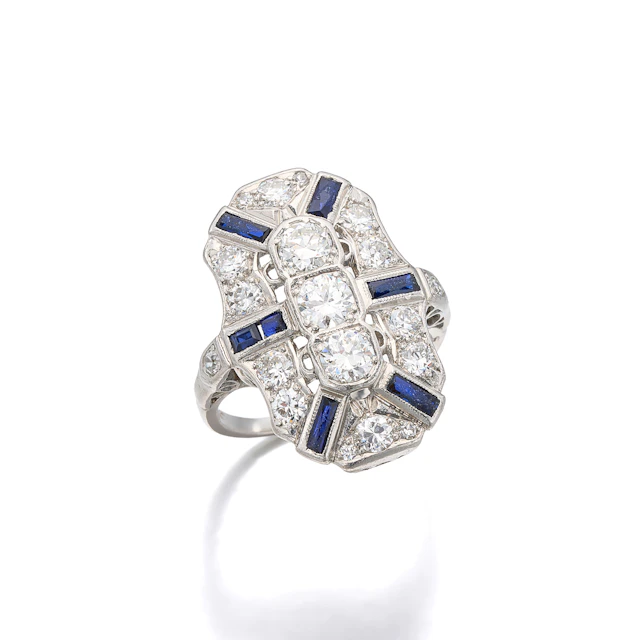 A Diamond, Synthetic Sapphire and Platinum Ring, circa 1930
