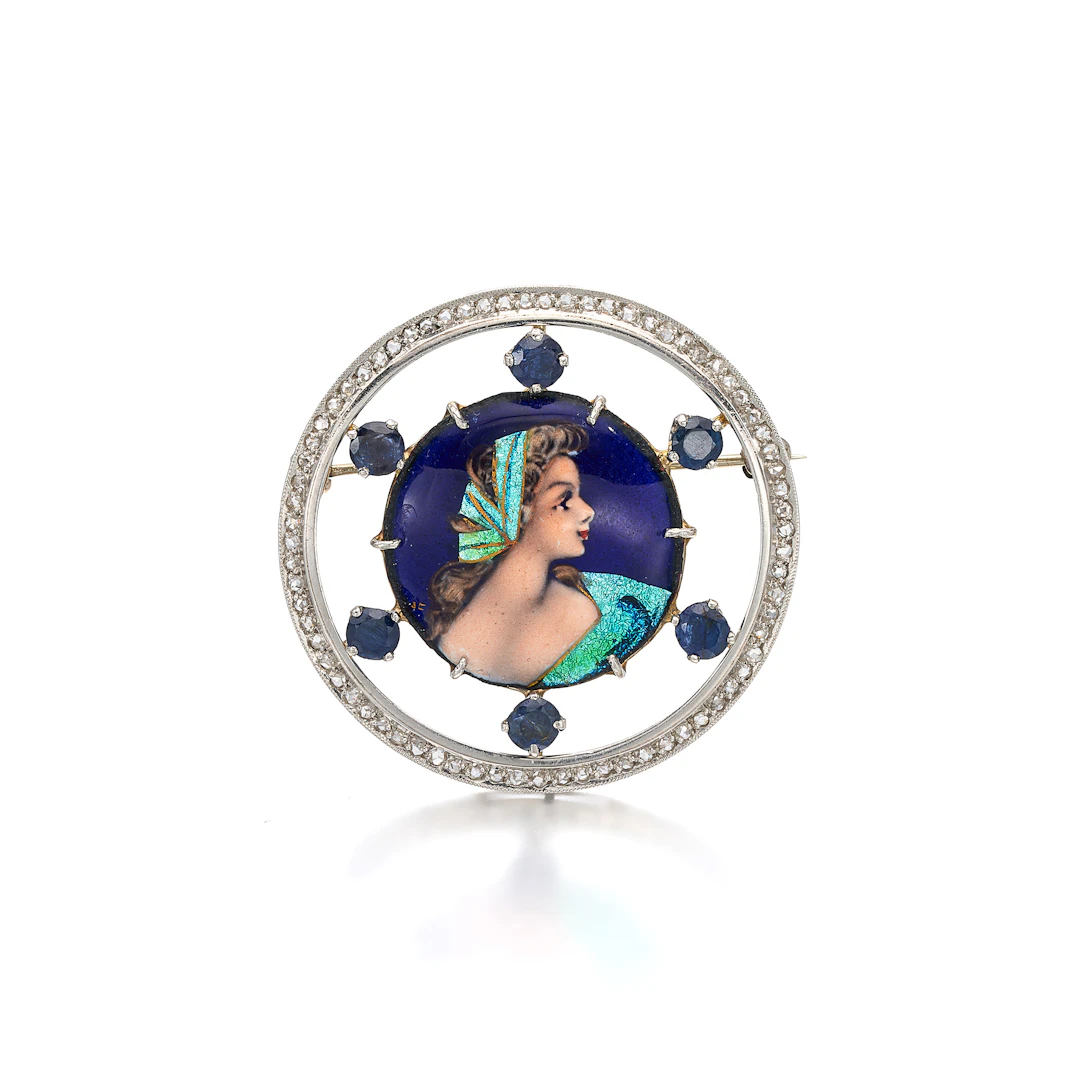An Enamel, Sapphire, Diamond and Platinum Brooch