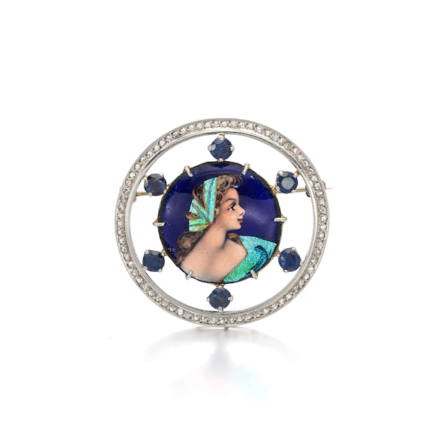 An Enamel, Sapphire, Diamond and Platinum Brooch