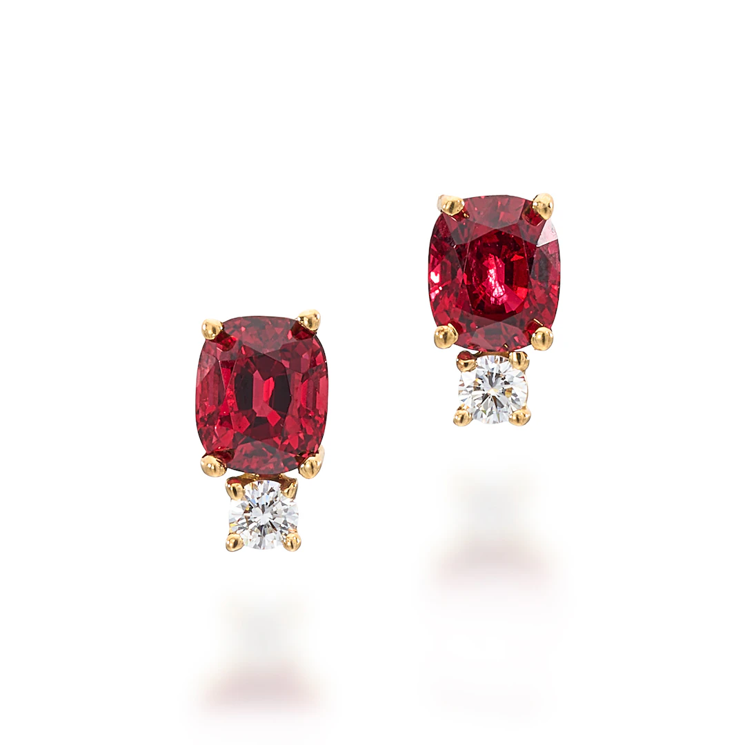 A Pair of Red Spinel, Diamond and Gold Ear Studs