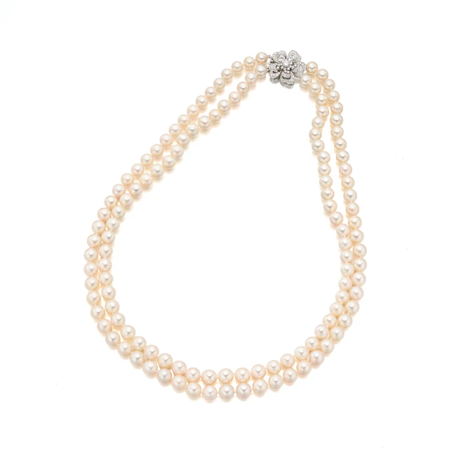 A Cultured Pearl, Diamond and Platinum Necklace, by Vourakis
