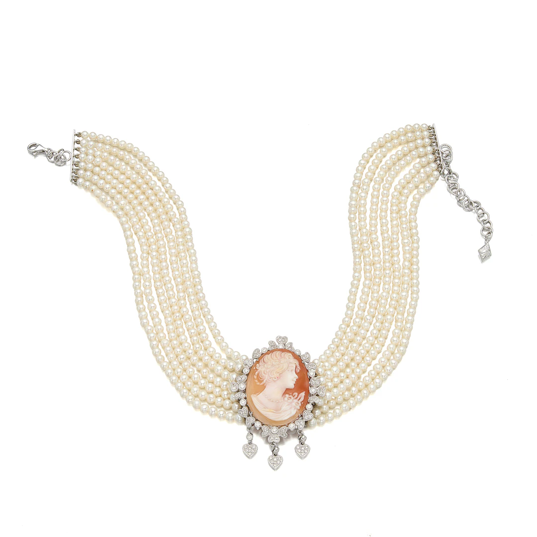 A Cameo, Diamond, Cultured Pearl and White Gold Choker Necklace/P