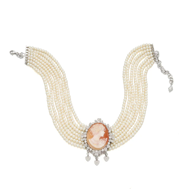 A Cameo, Diamond, Cultured Pearl and White Gold Choker Necklace/P