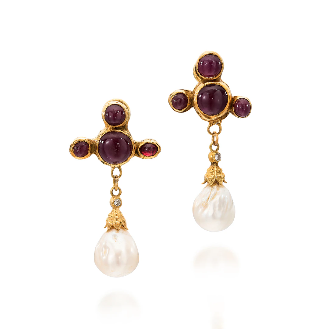 A Pair of Ruby, Cultured Pearl, Diamond and Gold Ear Pendants