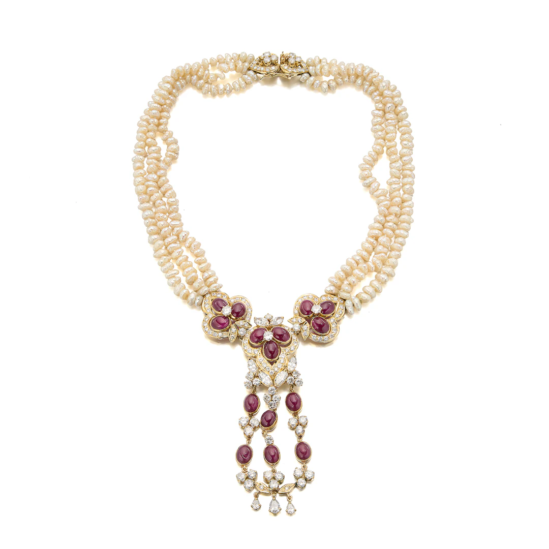 A Ruby, Diamond, Cultured Pearl and Gold Necklace