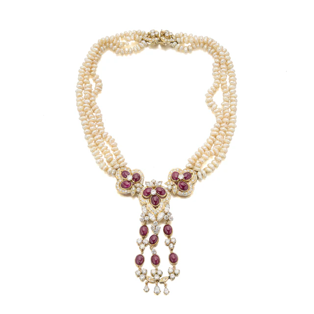 A Ruby, Diamond, Cultured Pearl and Gold Necklace