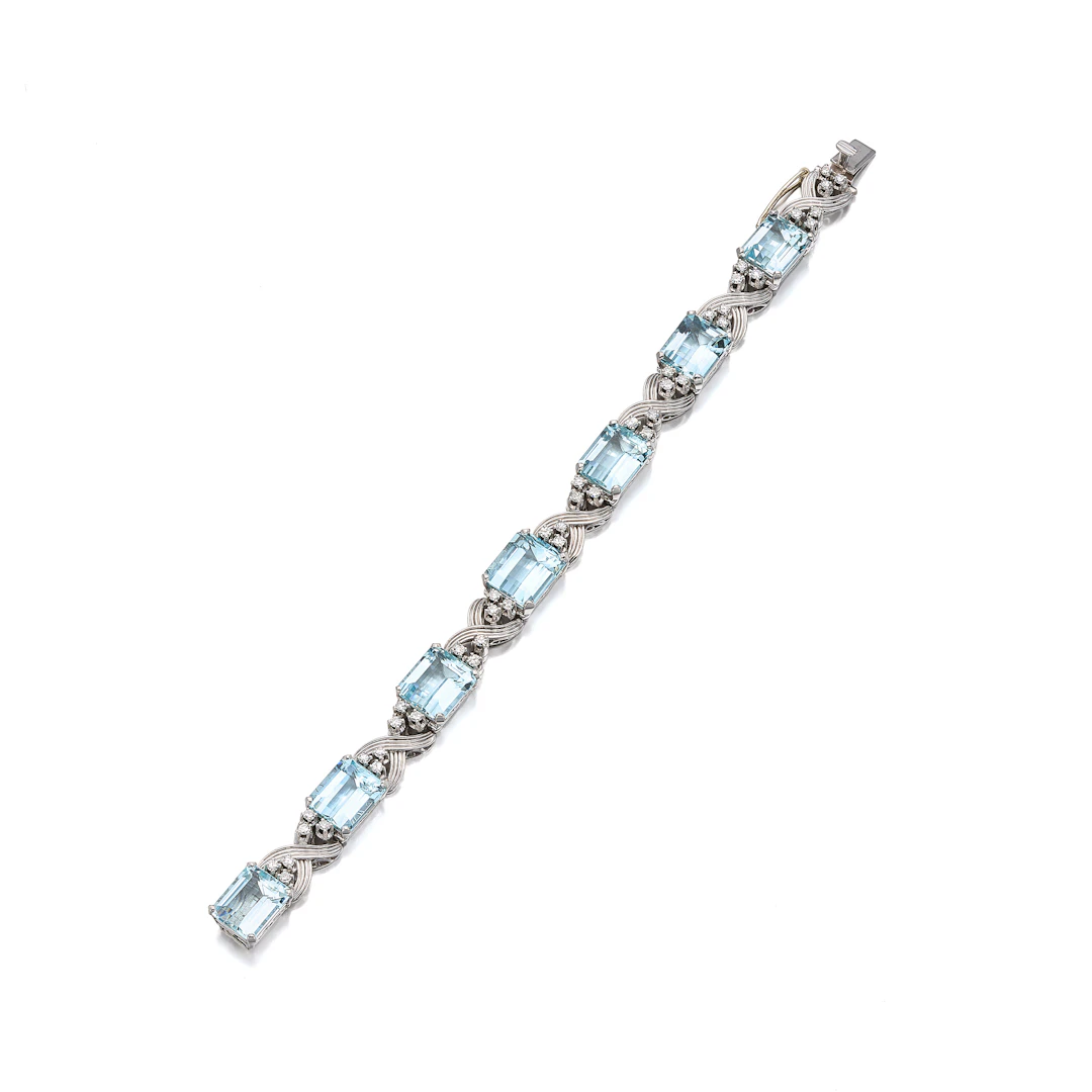 An Aquamarine, Diamond and Platinum Bracelet