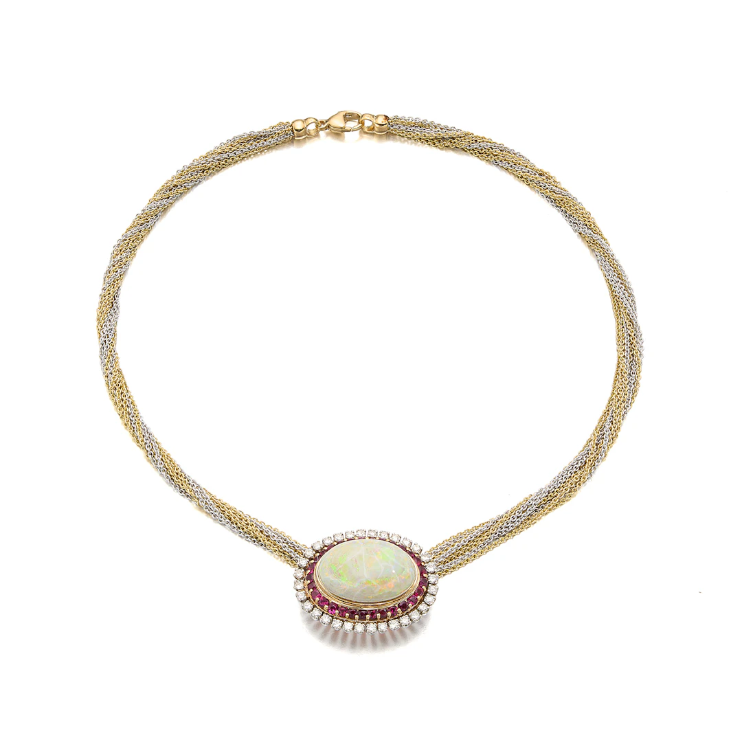 An Opal, Ruby, Diamond and Two-Tone Gold Pendant Necklace