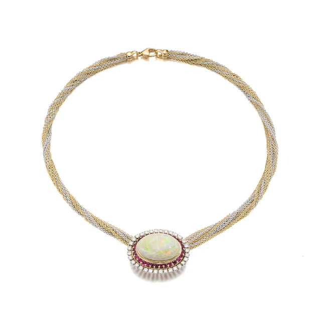An Opal, Ruby, Diamond and Two-Tone Gold Pendant Necklace
