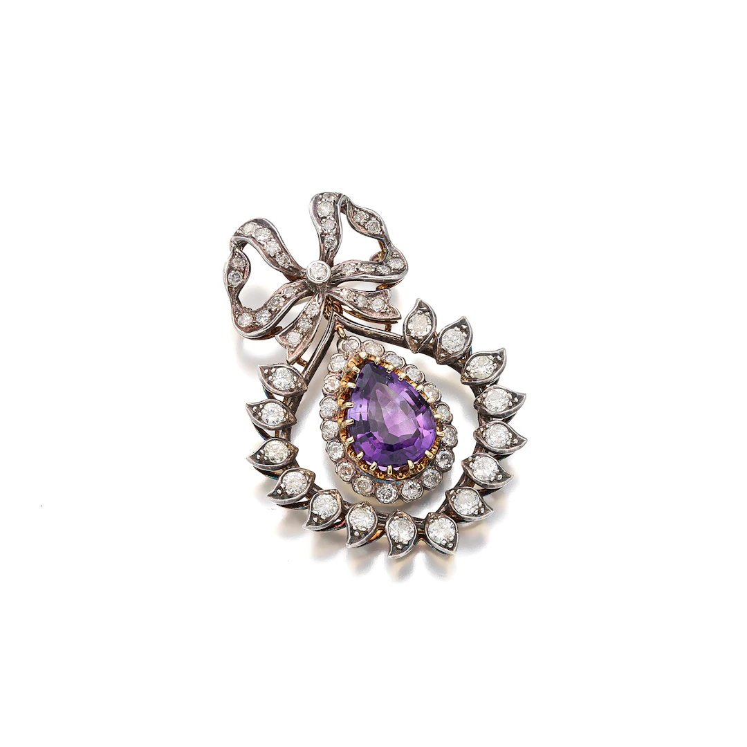 An Amethyst, Diamond, Gold and Silver Pendant/Brooch