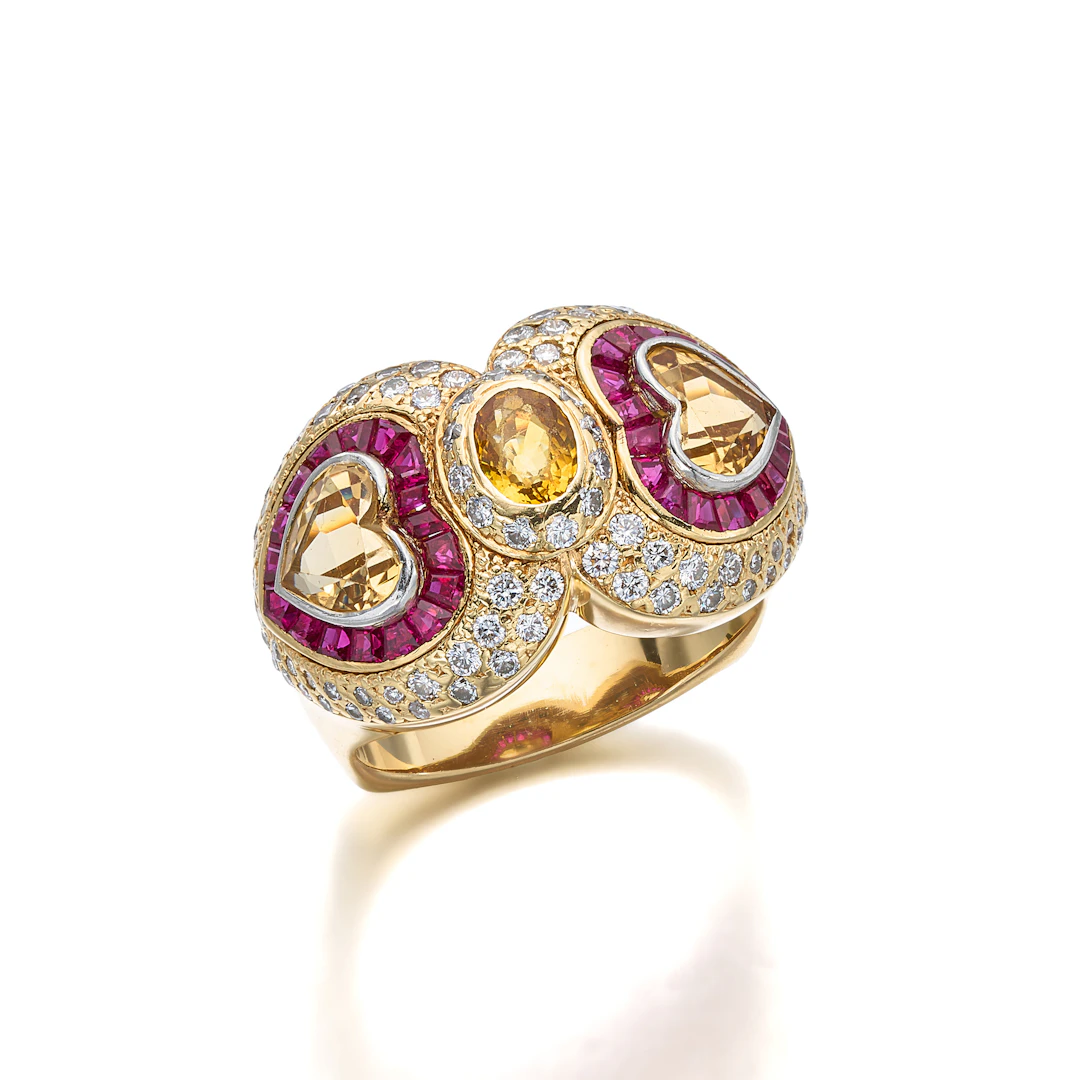 A Yellow Sapphire, Citrine, Ruby, Diamond and Gold Ring
