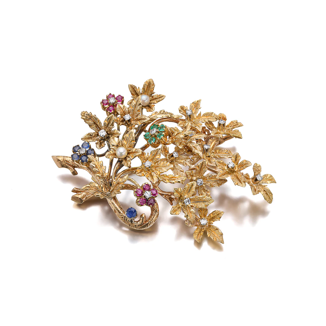 A Multi-Gem and Gold Brooch, circa 1960