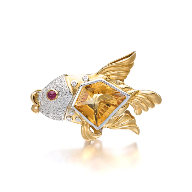 A Citrine, Diamond, Ruby and Gold Brooch/Pendant