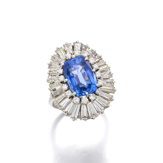 A Sapphire, Diamond and White Gold Ballerina Ring