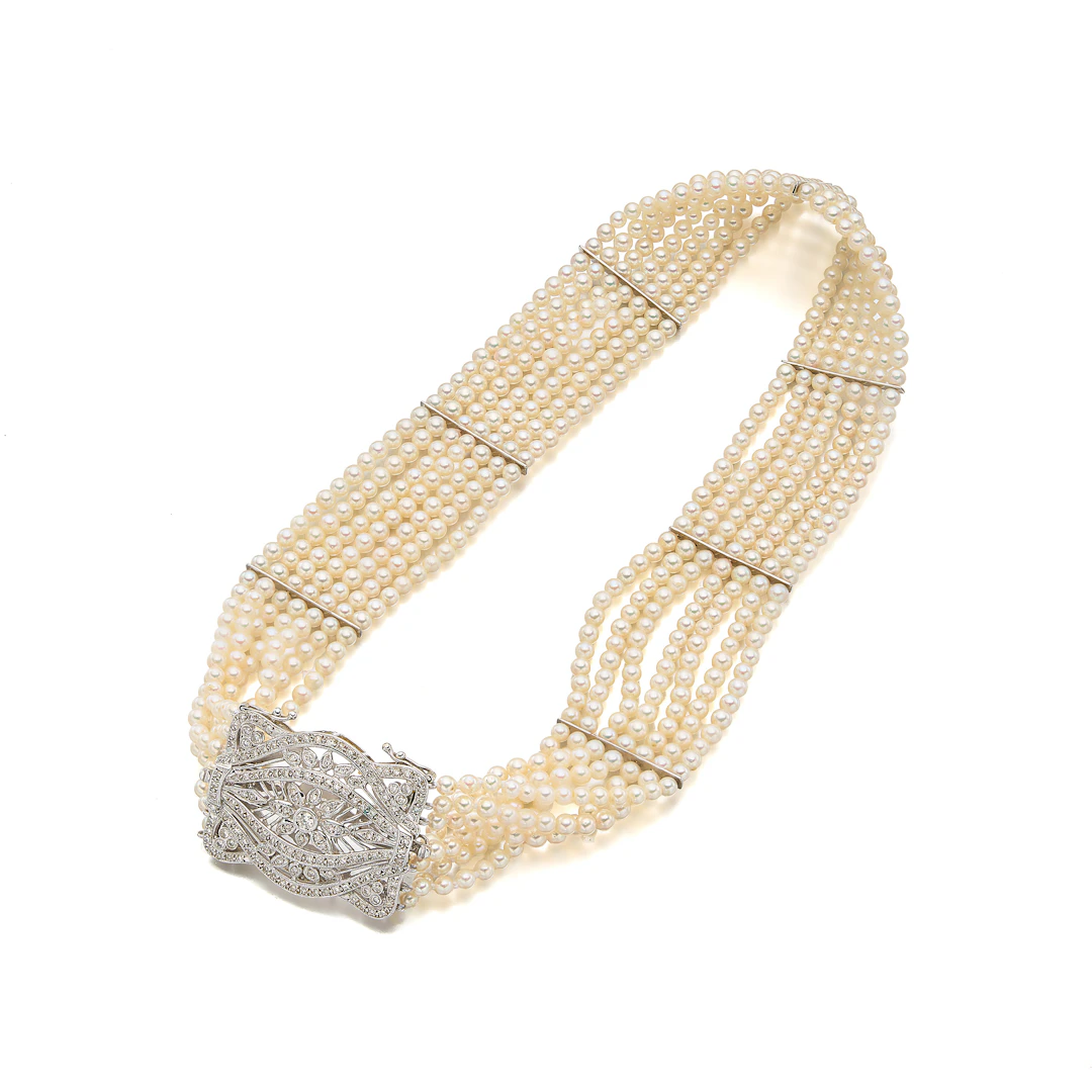 A Cultured Pearl, Diamond and White Gold Choker Necklace/Brooch