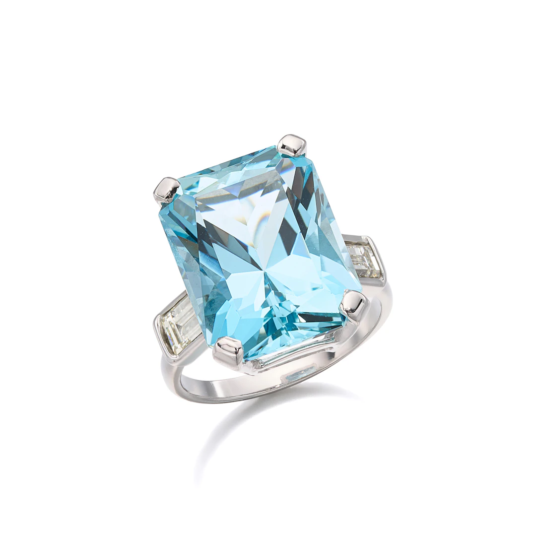 An Aquamarine, Diamond and White Gold Ring