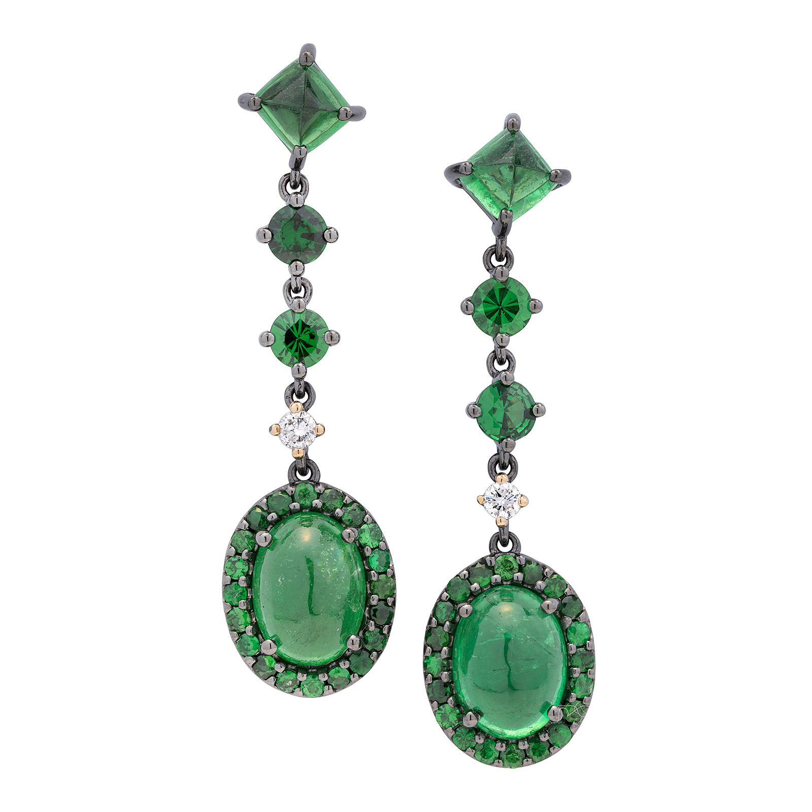 Tsavorite Garnet, Diamond and Blackened Gold Ear Pendants