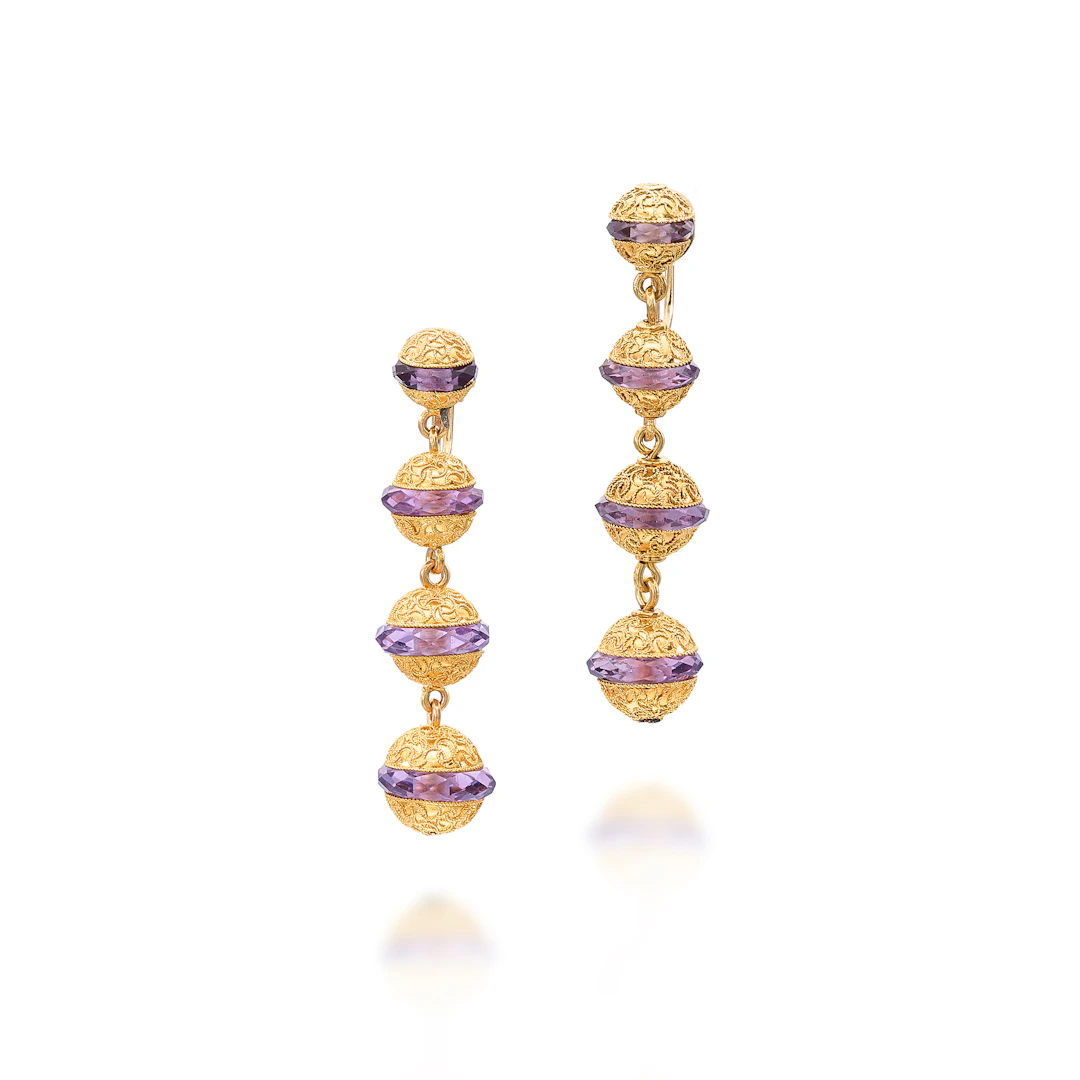A Pair of Amethyst and Gold Ear Pendants