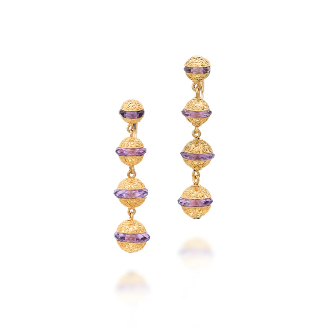 A Pair of Amethyst and Gold Ear Pendants