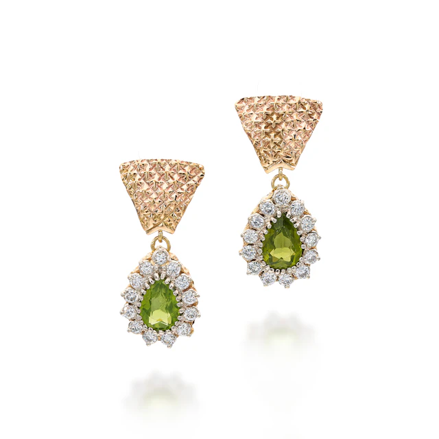 A Pair of Peridot, Diamond and Gold Ear Pendants