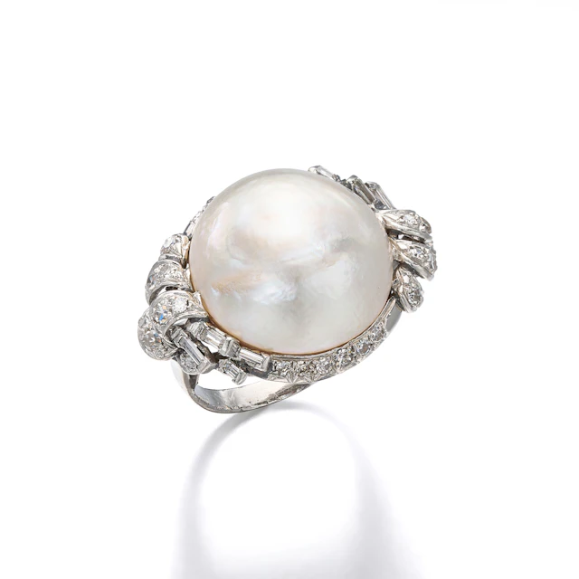 A Mabe Pearl, Diamond and Platinum Ring, circa 1950