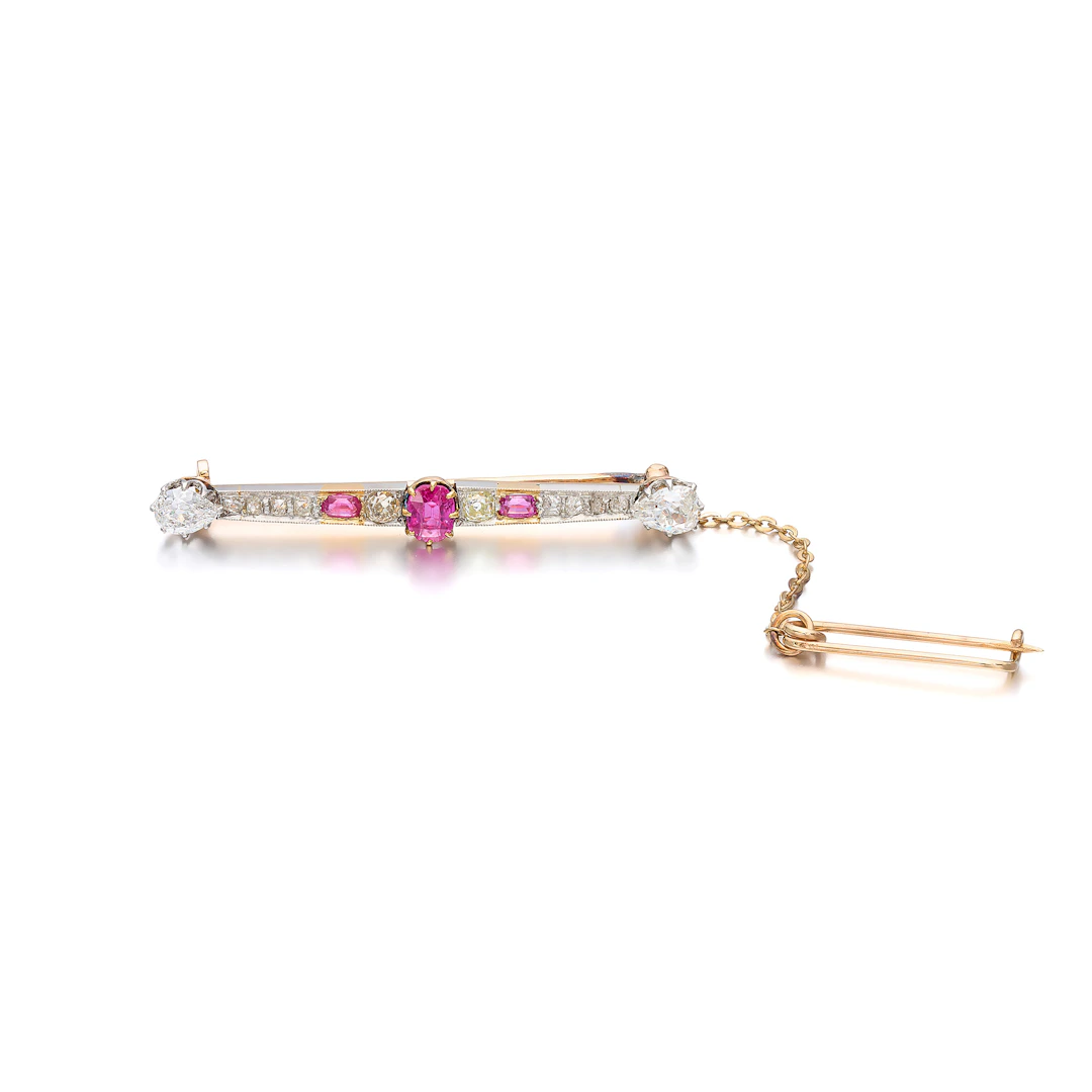 An Antique Ruby, Diamond, Gold and Platinum Bar Brooch