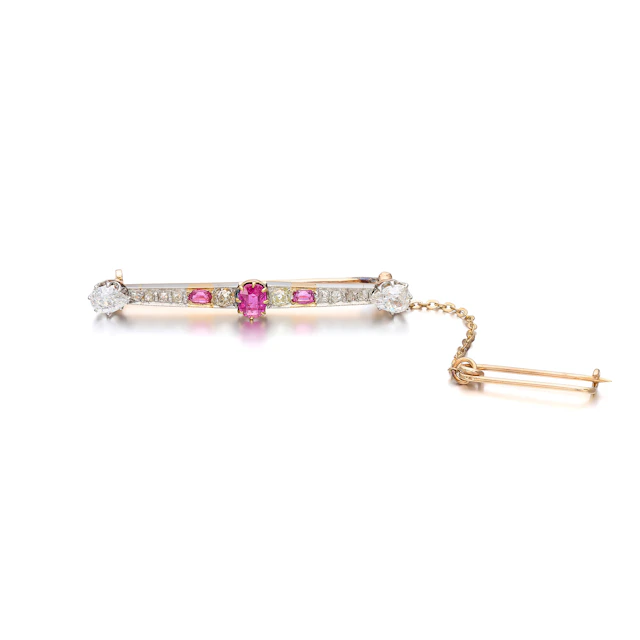 An Antique Ruby, Diamond, Gold and Platinum Bar Brooch