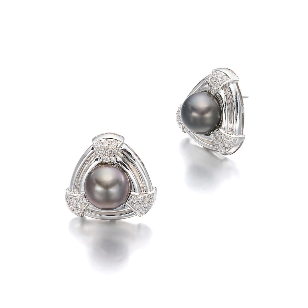 A Pair of South Sea Cultured Pearl, Diamond and White Gold Ear Clips