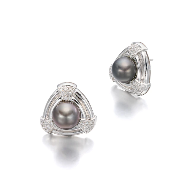 A Pair of South Sea Cultured Pearl, Diamond and White Gold Ear Clips