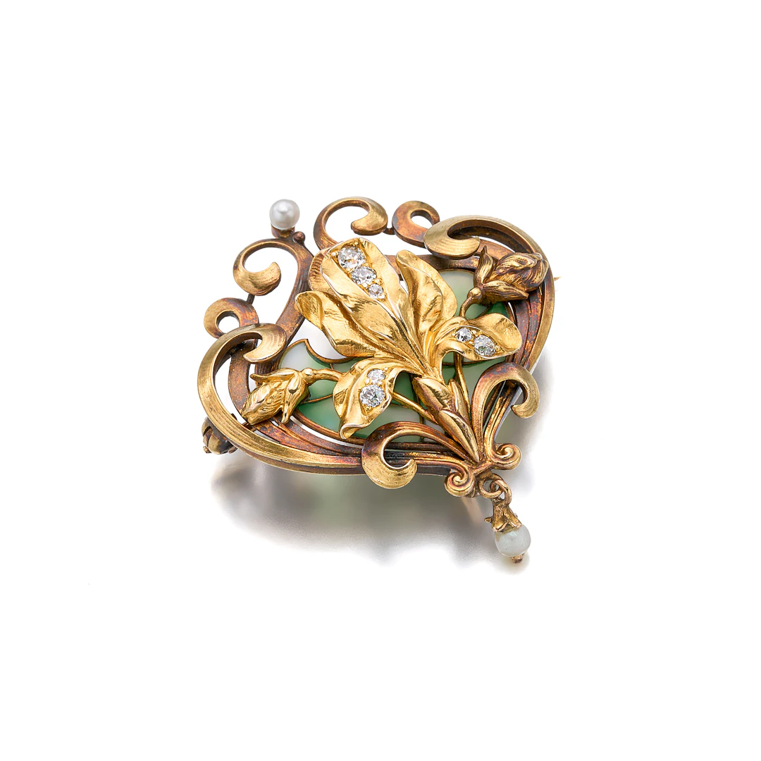 An Art Nouveau Enamel, Diamond, Seed Pearl and Gold Brooch