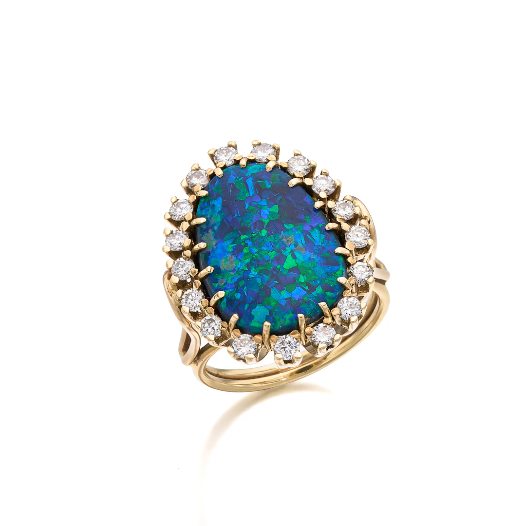 A Black Opal, Diamond and Gold Ring